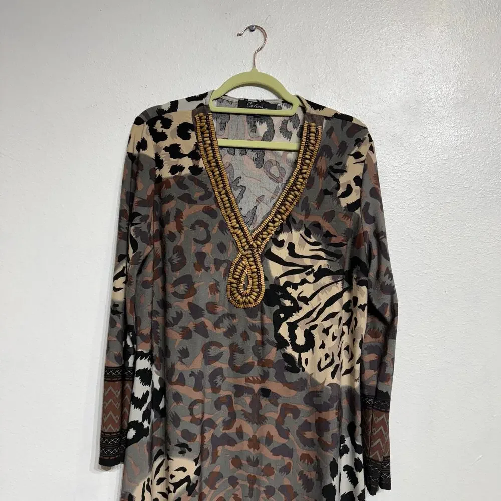 Calessa Brown Animal Print Vintage Midi Dress Sz XL - Picture 3 of 12